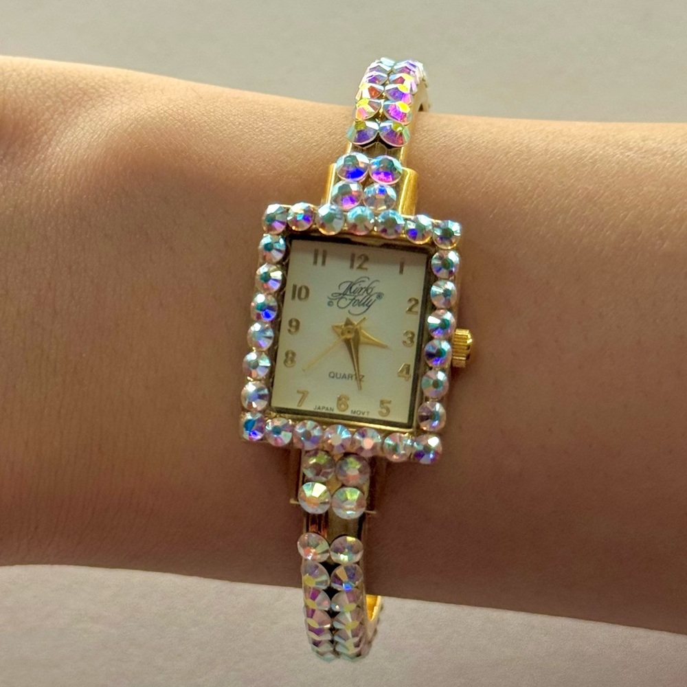 Vintage Kirks Folly Aurora Borealis Crystal Bangle Watch Gold Tone